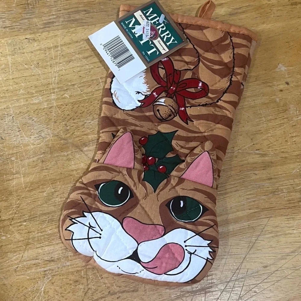 Vtg Merry Mint Christmas Orange Tabby Cat Oven Mitt Holiday Trimmings NWT Kitsch